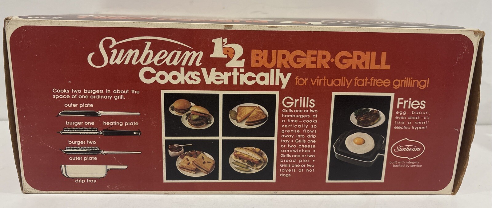 VINTAGE 1976 Sunbeam 1 or 2 Burger Grill NEW Cooks Vertically To Drain The Fat!