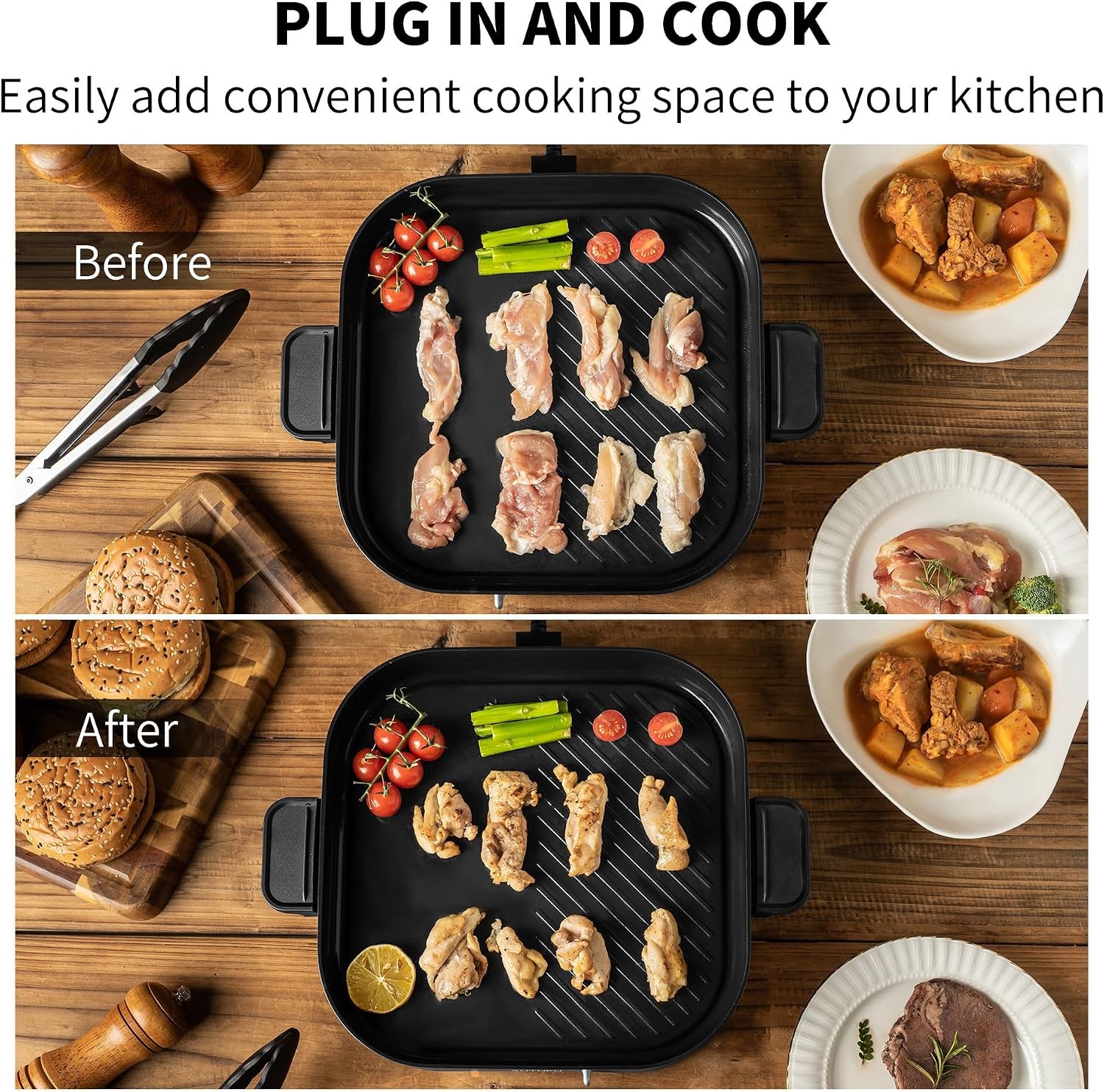 T2NA 2-in-1 Electric Griddle Nonstick Flat Grill PFOA-Free Ceramic-Coated