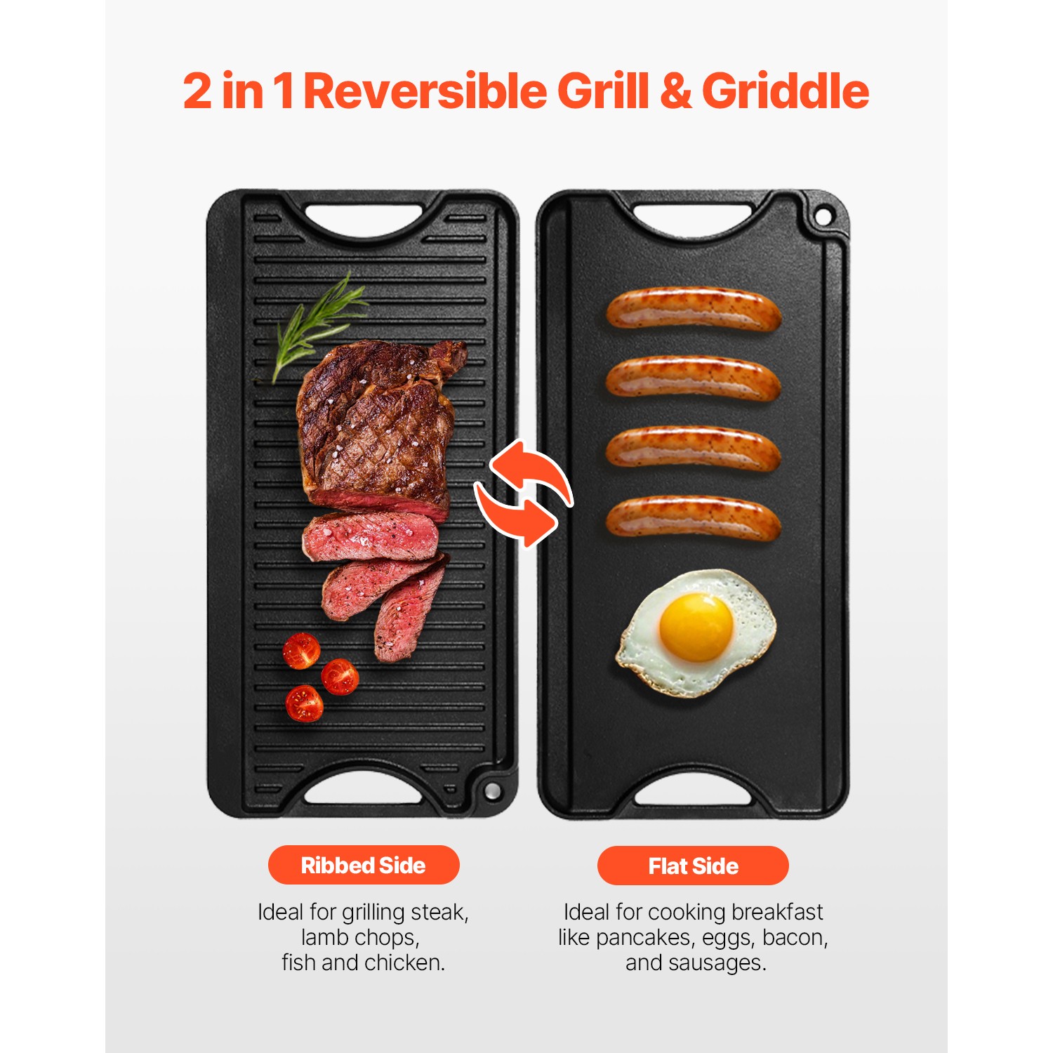 Uimoso 20x10in Dual-Sided Cast Iron BBQ Griddle with Pre-Seasoned Surface