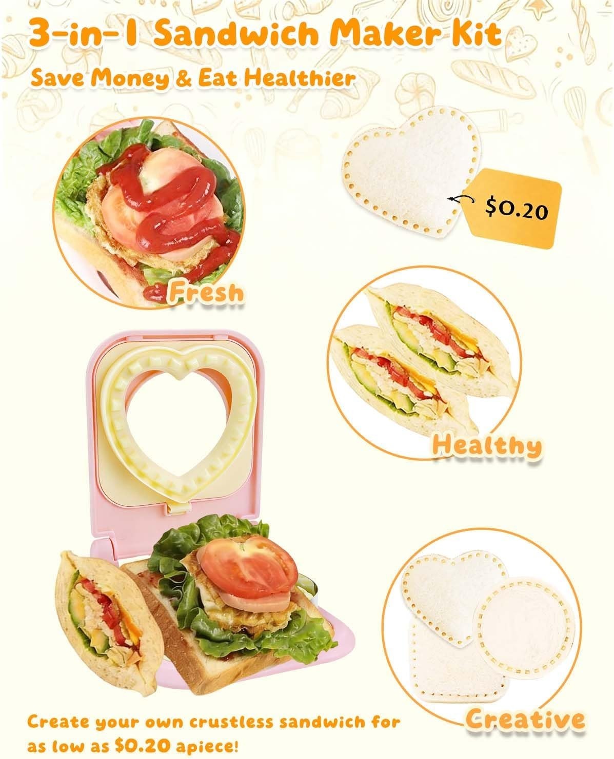 3-in-1 Uncrustable Sandwich Maker – Heart/Circle/Square Crustless Sandwich Cu…
