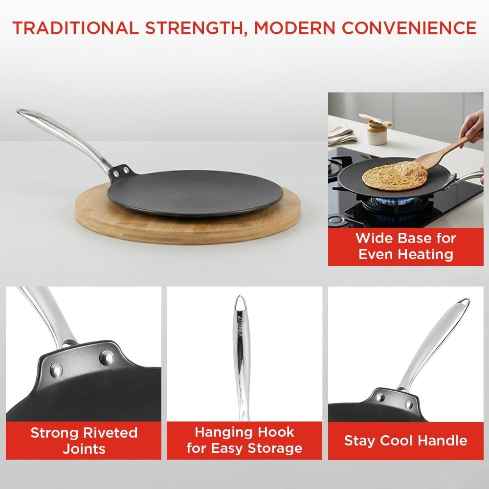 Vinod Ferona Cast Iron Roti Tawa Gas Stove Stick-Free Metal Spoon Safe 2 Yr