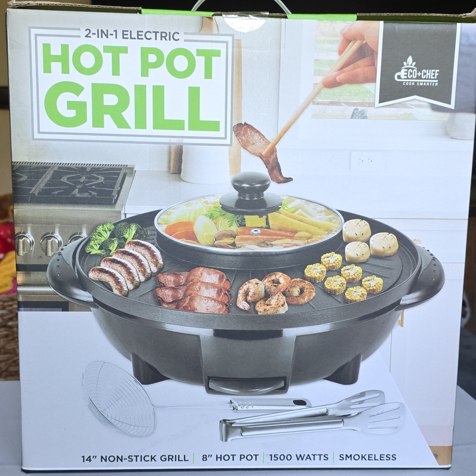 ECO+CHEF 2-in-1 Electric Hot Pot Grill 14in 1500W Smokeless Non-Stick