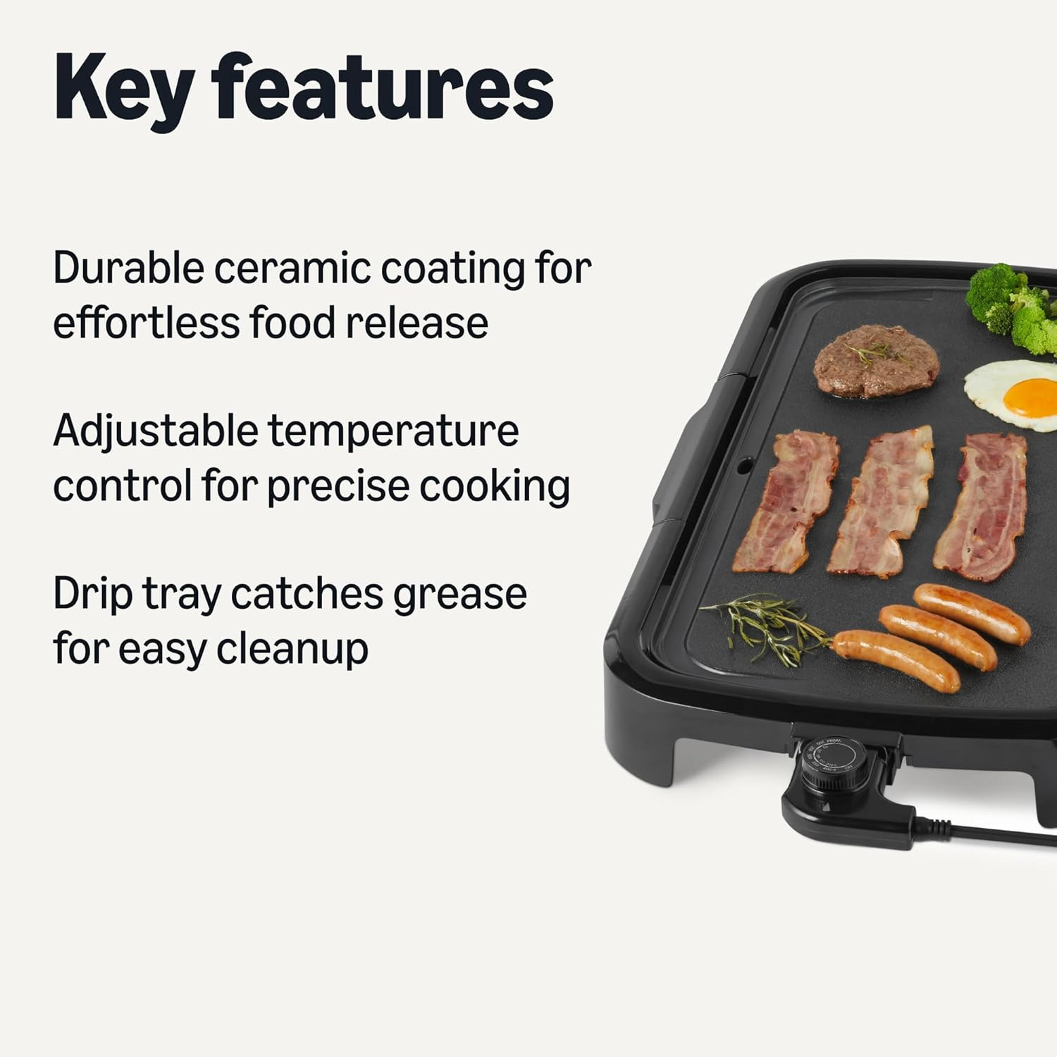 Electric Griddle with Nonstick Ceramic Coating, Adjustable Temperature, Detachab