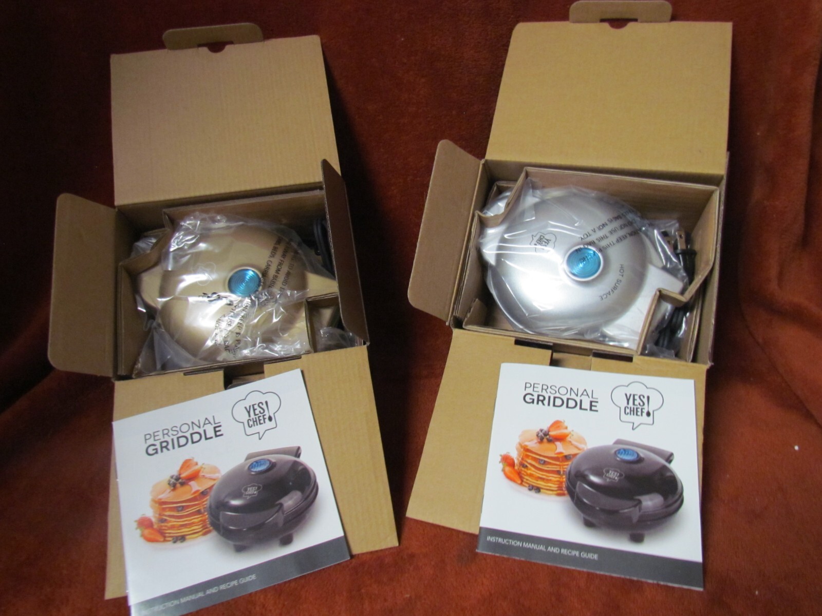 YES CHEF 5″ PERSONAL GRIDDLE WITH INSTRUCTIONS SILVER & GOLD TWO