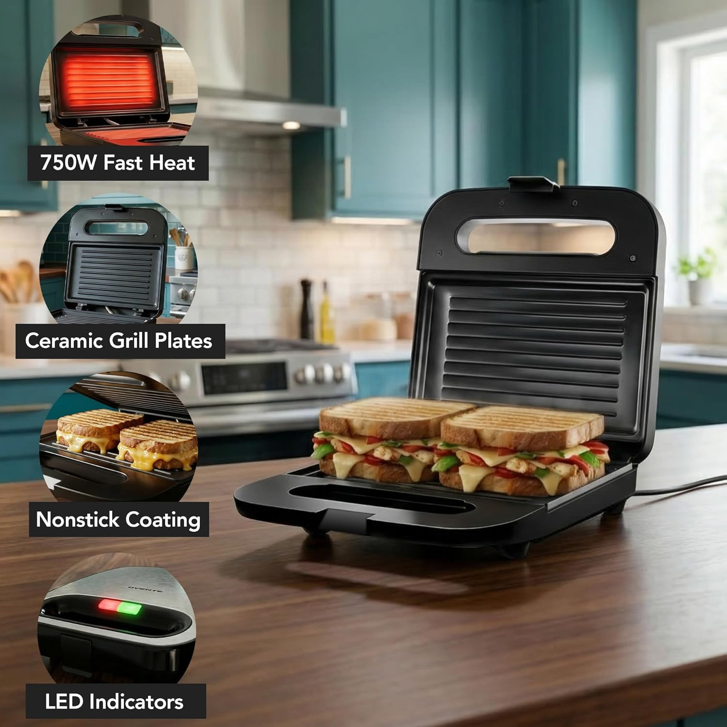 OVENTE Electric Panini Press Grill with Nonstick Plates, LED Indicator Lights, T