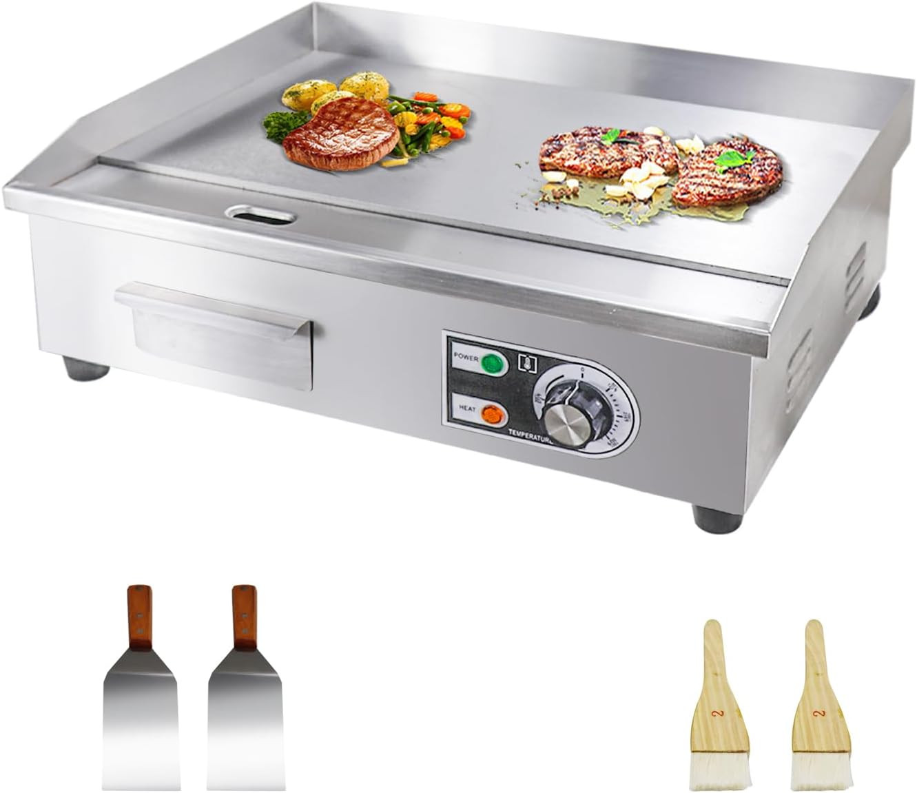 22″ Electric Griddle – Non-Stick Stainless Steel, Adjustable Temp, 1600W