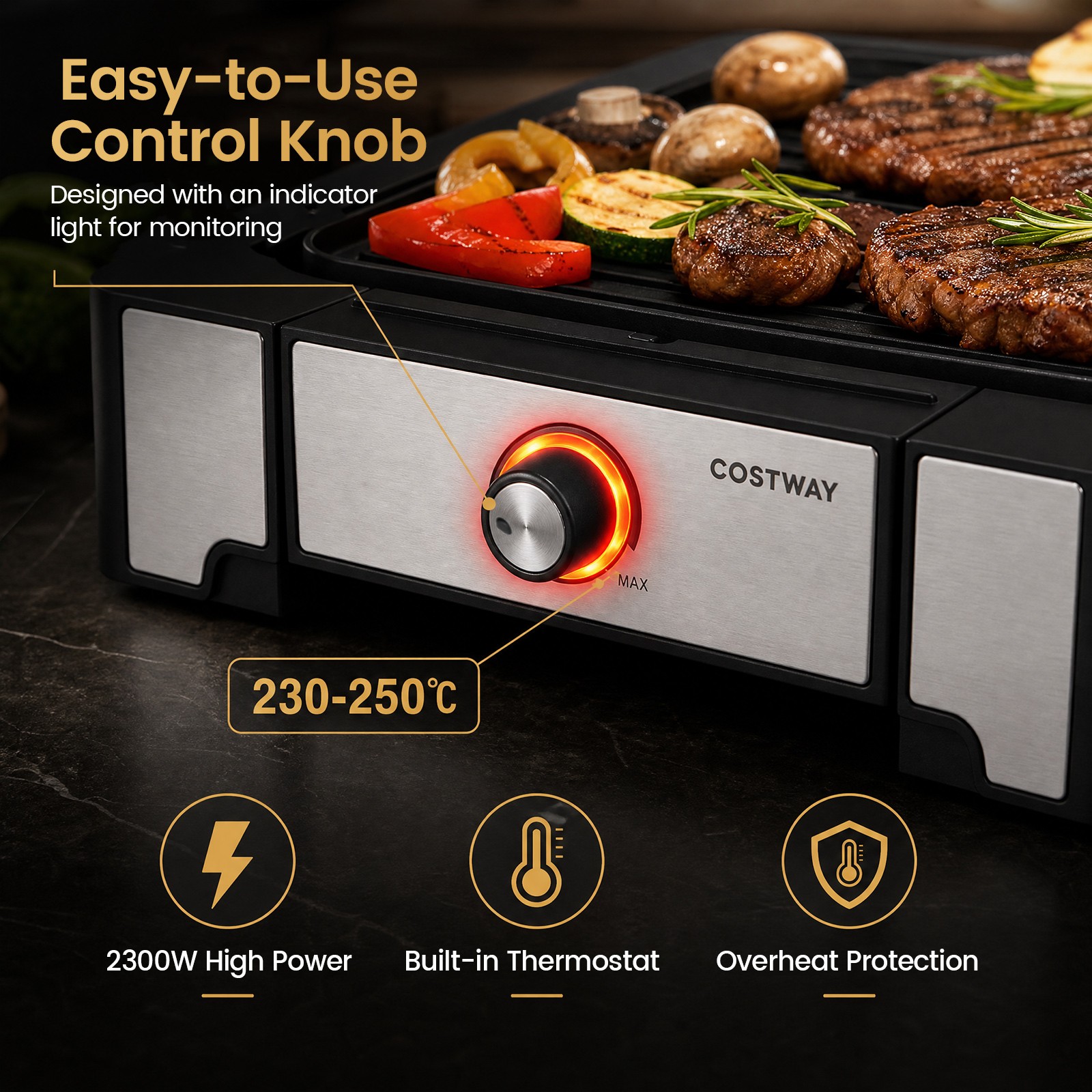 2300W Indoor Grill and Griddle w/ Nonstick Die Cast Aluminum Cooking Surface