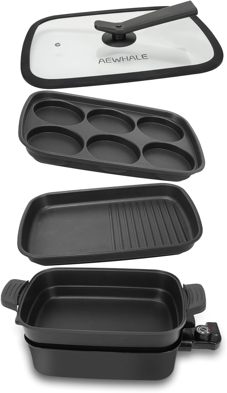 3-in-1 Multifunctional Electric Grill,Electric Skillet Nonstick with Lids 1400W