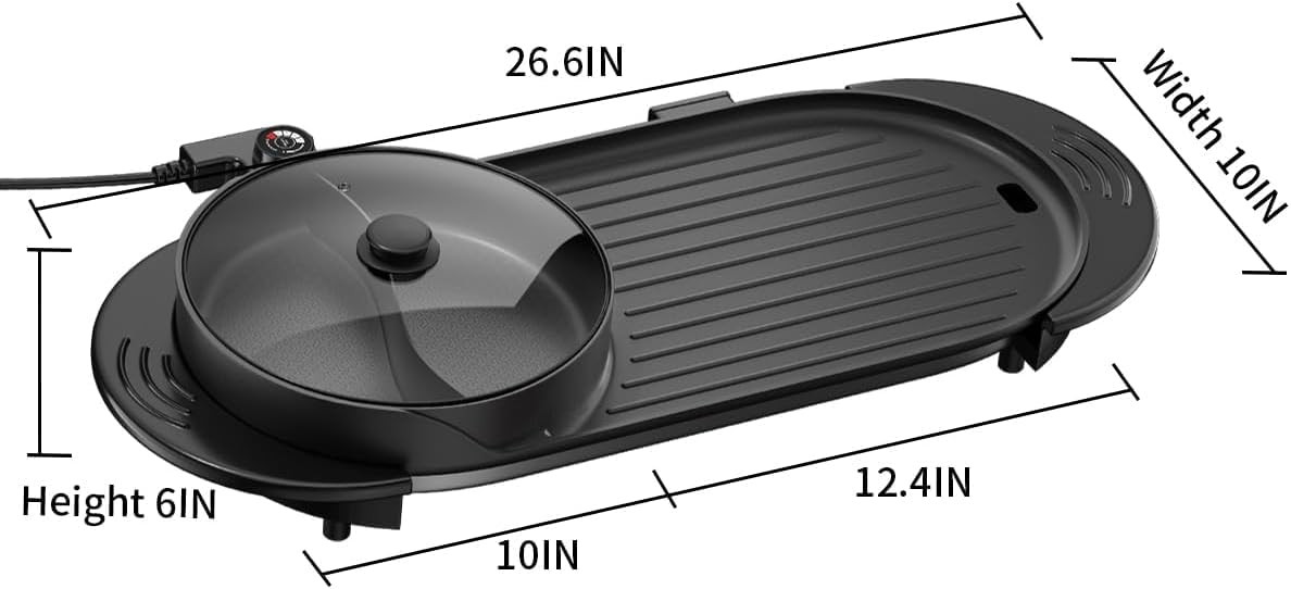 AORAN 2200W Electric Grill & Hot Pot Combo with Dual Zone Control – 26.6″ Lar…