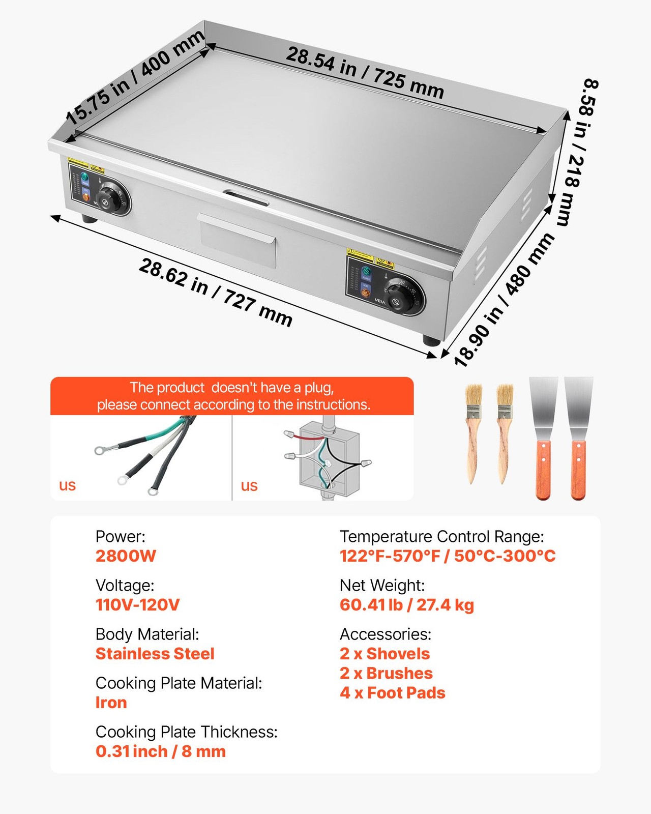 Electric Griddle, 28.54 x 15.75 in, 2800W, 122 – 570°F, Stainless Steel Flat Top