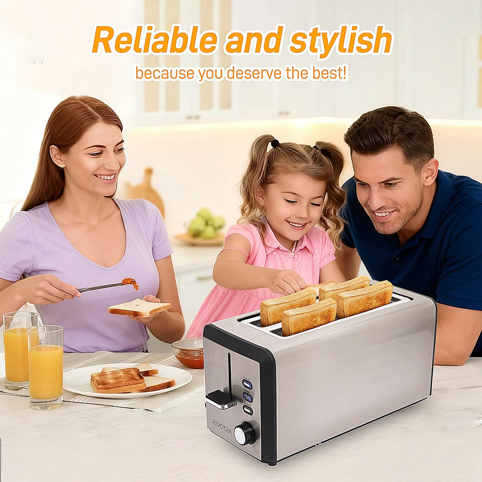 4 Slice Long Slot Stainless Steel Toaster with large, 4 pieces regular style