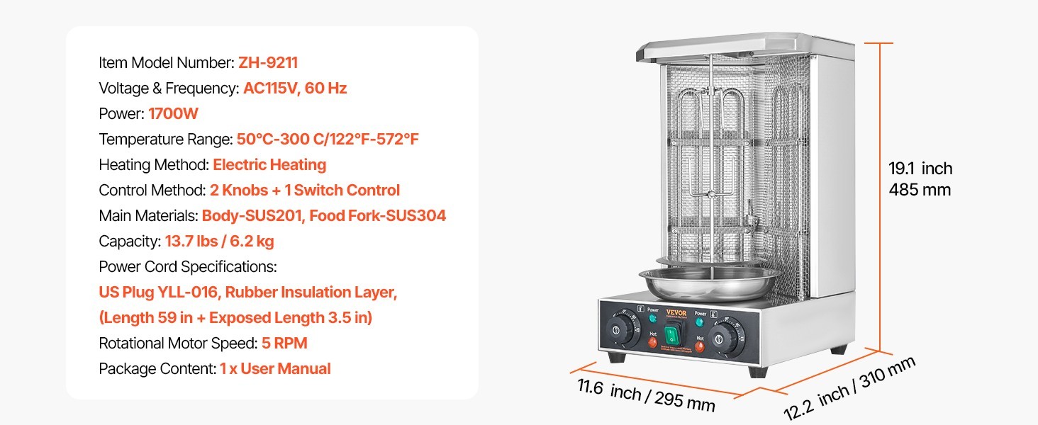 Shawarma Grill Machine, 122°F-572°F, 13Lbs Capacity, Chicken Shawarma Cooker,
