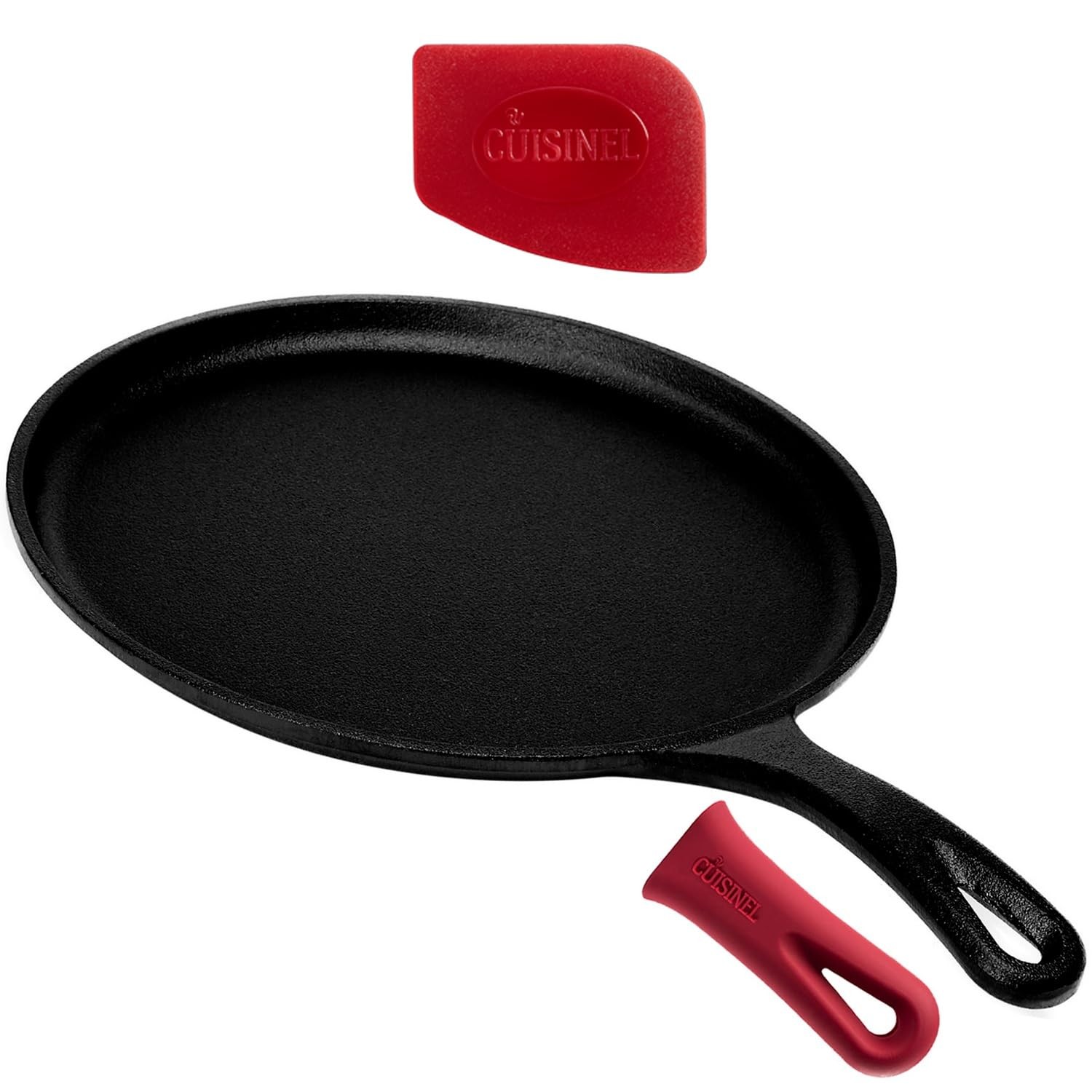Cast Iron Round Griddle 10.5″ Crepe Maker Pan + Silicone Handle Cover Preseasone