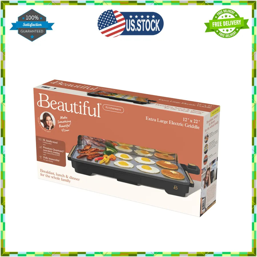 Beautiful Drew Barrymore XL Electric Griddle 12 x 22 Nonstick Black Sesame
