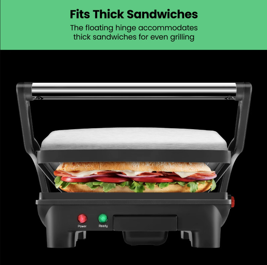 Chefman 3-in-1 Panini Press Grill 4 Slice Nonstick Opens Flat Stainless