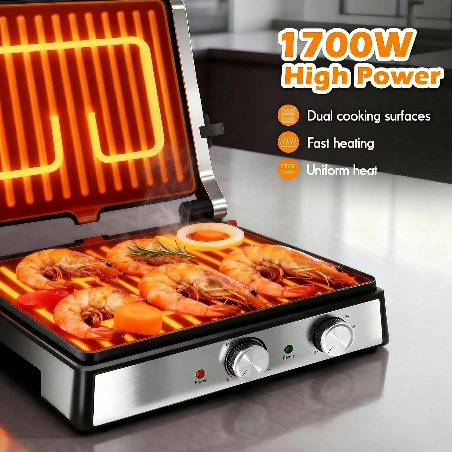 1700Watt Panini Press, Sandwich Maker with Temp & Time Setting, 4 Slice Large No