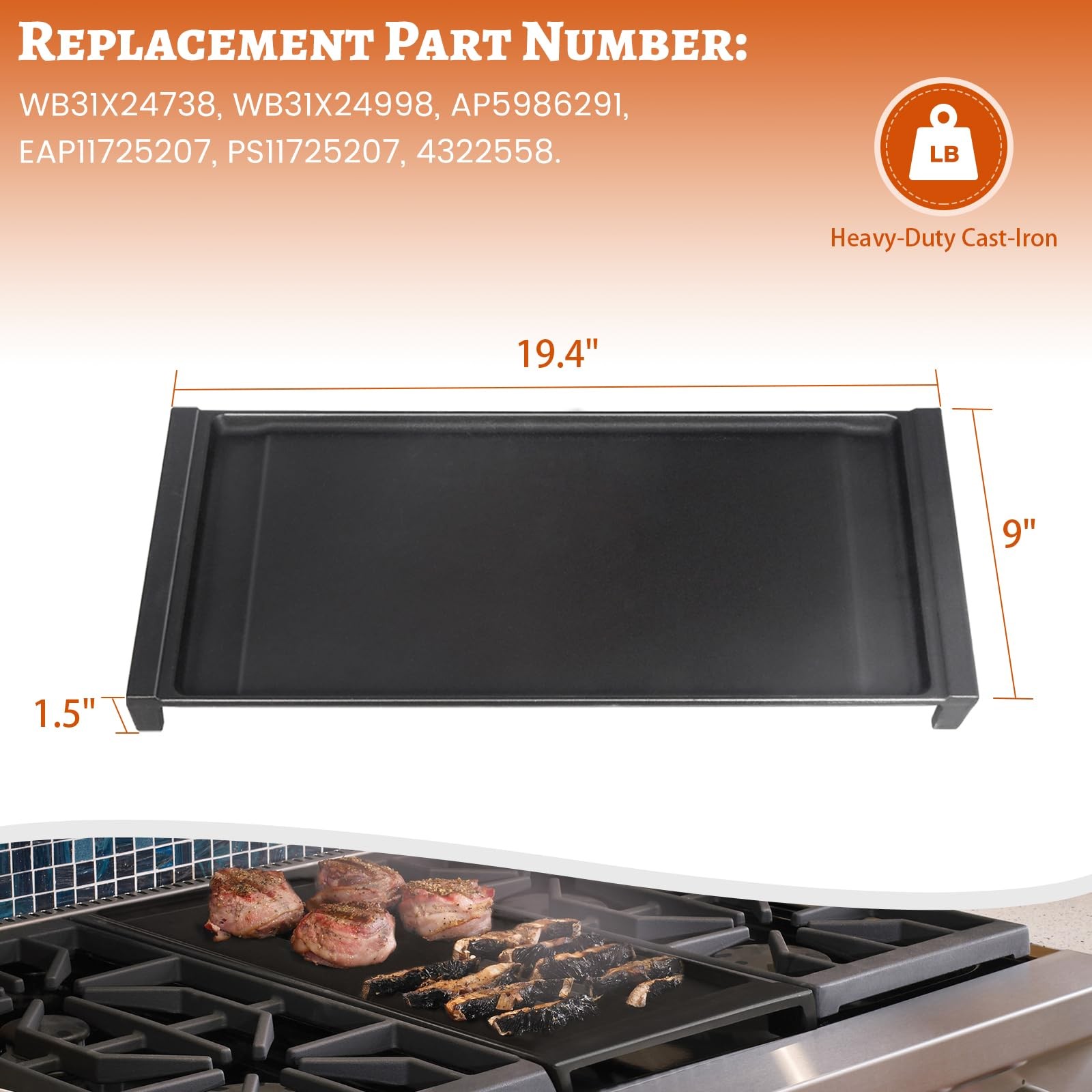 Stove Top Griddle Replacement Cast Iron for GE Gas Stove WB31X24738 WB31X24998