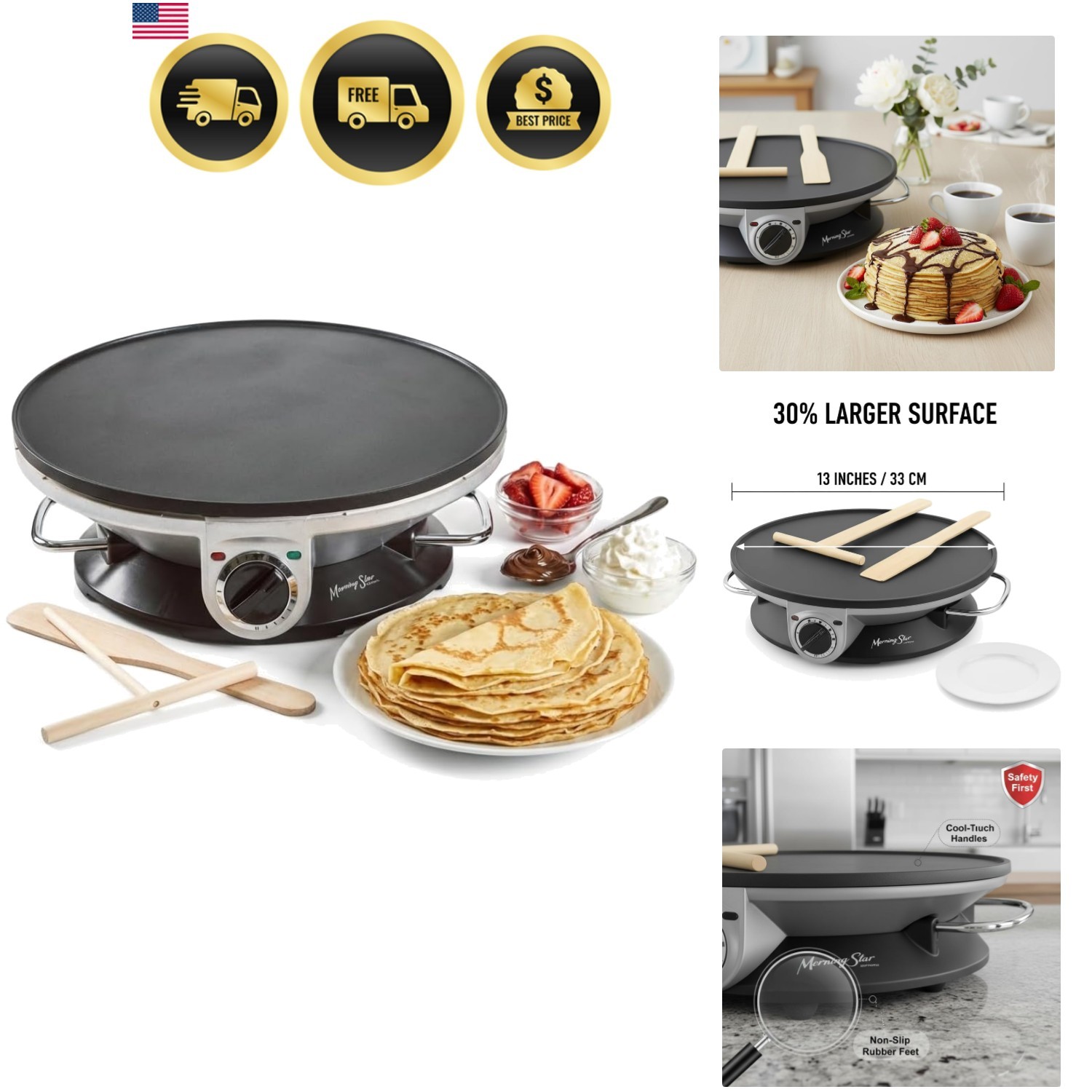 13″ Electric Crepe Maker, Nonstick Pancake Griddle, Adjustable Temperature Co…