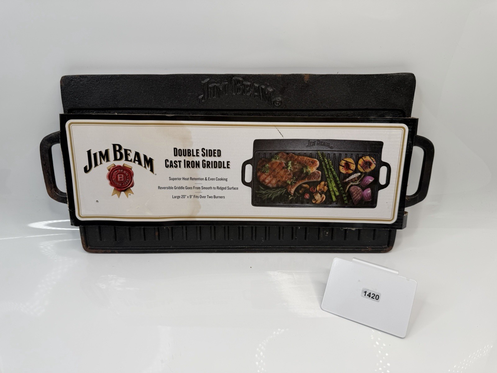 Jim Beam Double Sided Cast Iron Griddle 20″x9″ Reversible Grill Pan Two Burner