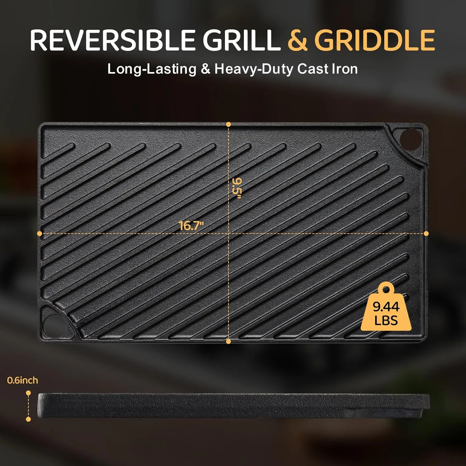 Reversible Cast Iron Grill Griddle 16.7×9.5 Inch Double Burner Stovetop Cookware