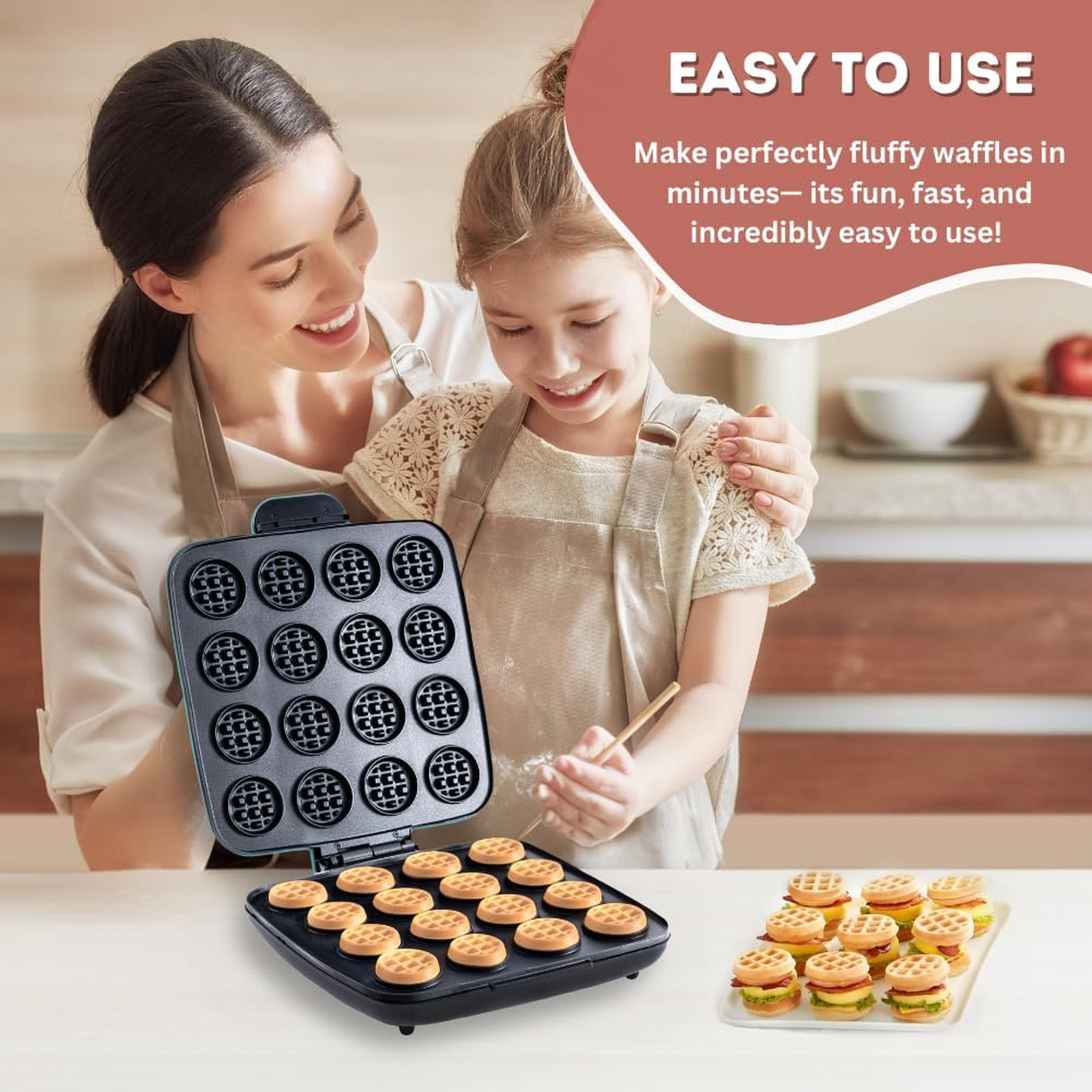 Mini Waffle Maker Machine 16 Hole Nonstick Compact Quick Heat Up Small Bites for