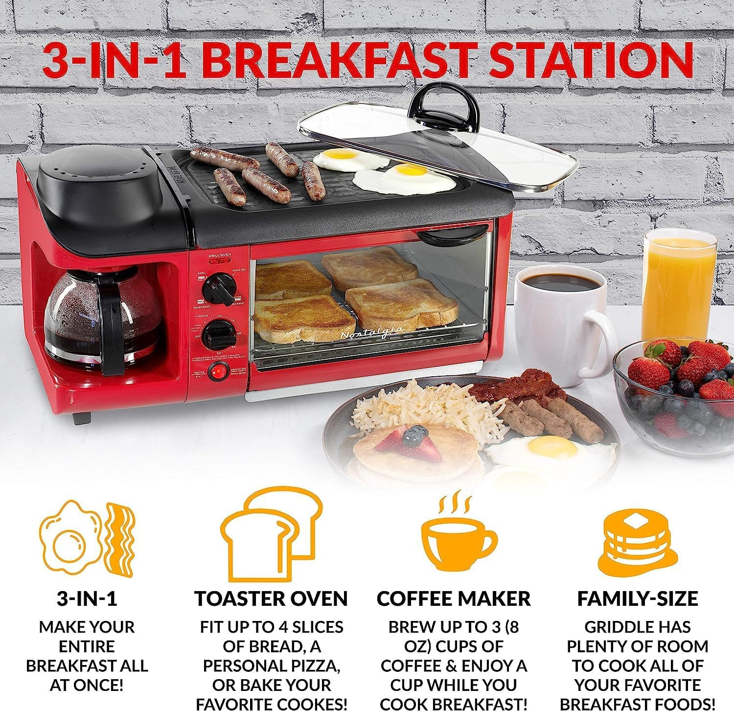 3-In-1 Breakfast Station – Includes Coffee Maker, Non-Stick Griddle, and 4-Slice