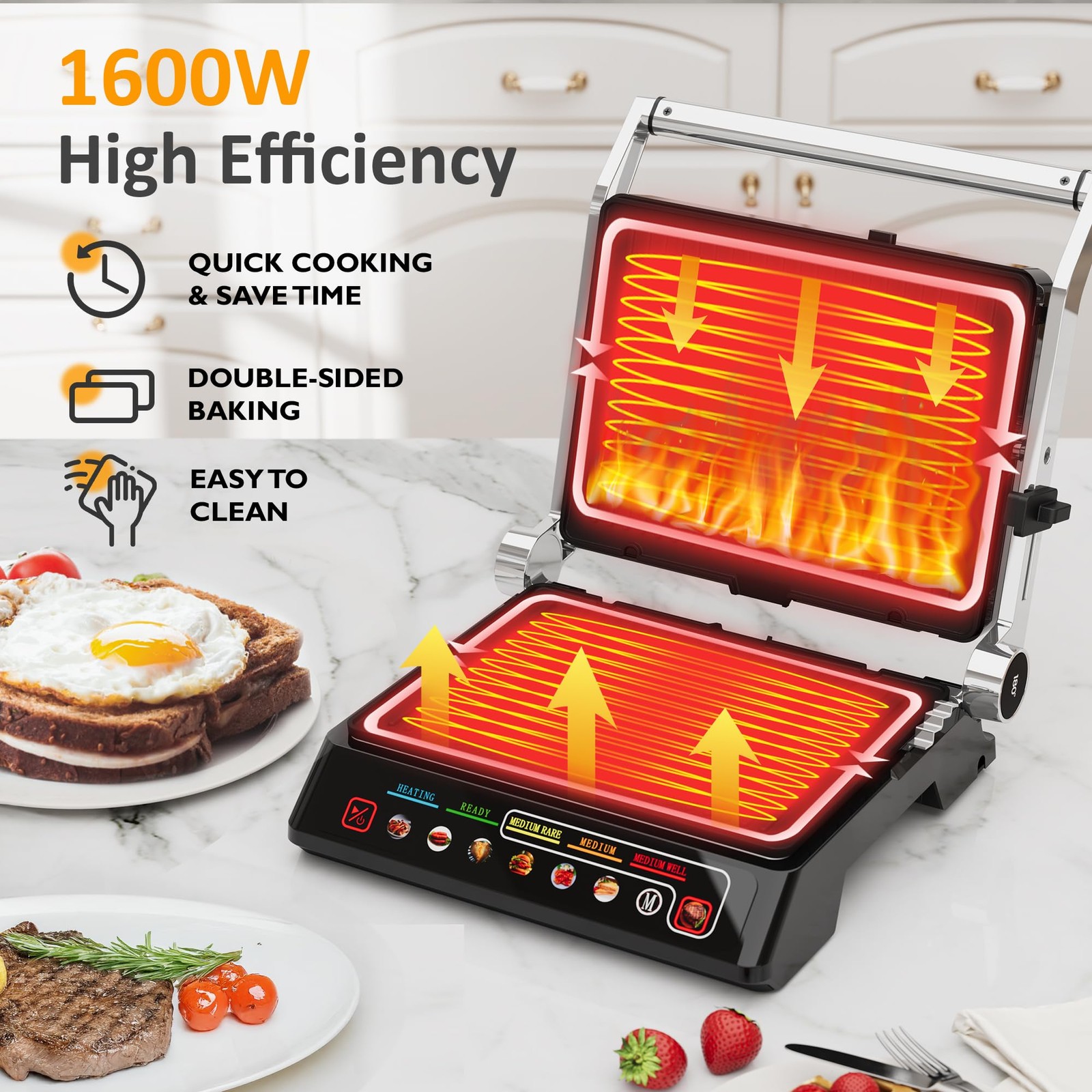 SUNVIVI Indoor Grill & Griddle 1600W Electric Panini Press, Nonstick Plates