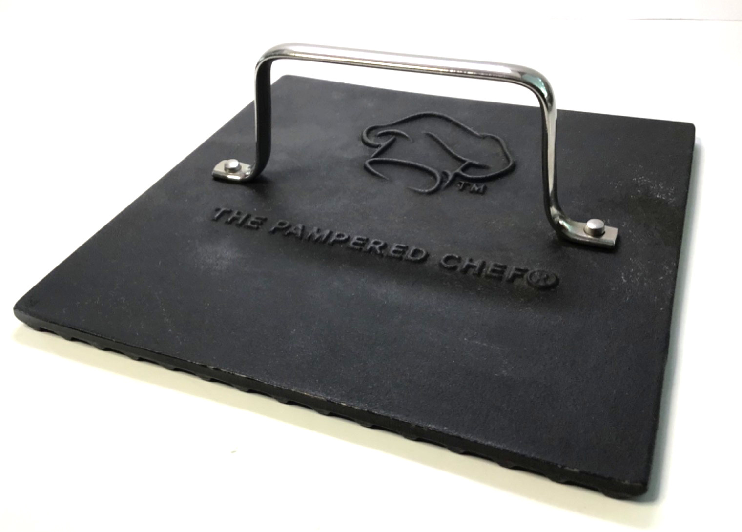 PAMPERED CHEF; 8-1/2″ SQUARE CAST IRON GRILL PRESS #2875