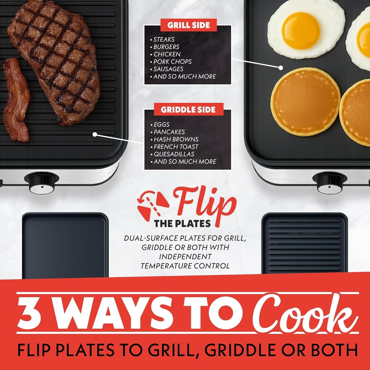 Gourmia 3-in-1 Indoor Grill Griddle Electric Dual Zone Nonstick Ceramic 19×11.5