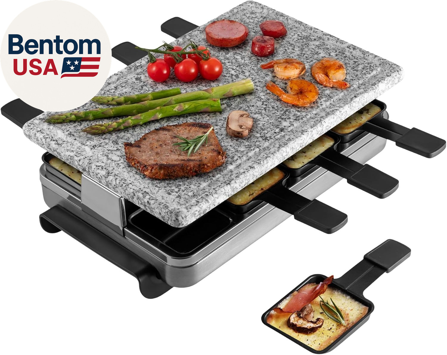 Stelvio Raclette Party Grill with Granite Stone Non-Stick Grill Plate/Crepe Top,