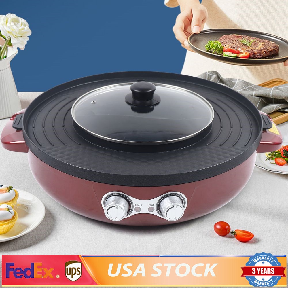 2 in 1 Electric Smokeless Grill and 110V Hot Pot BBQ Grill Soup Shabu Pot 2200W