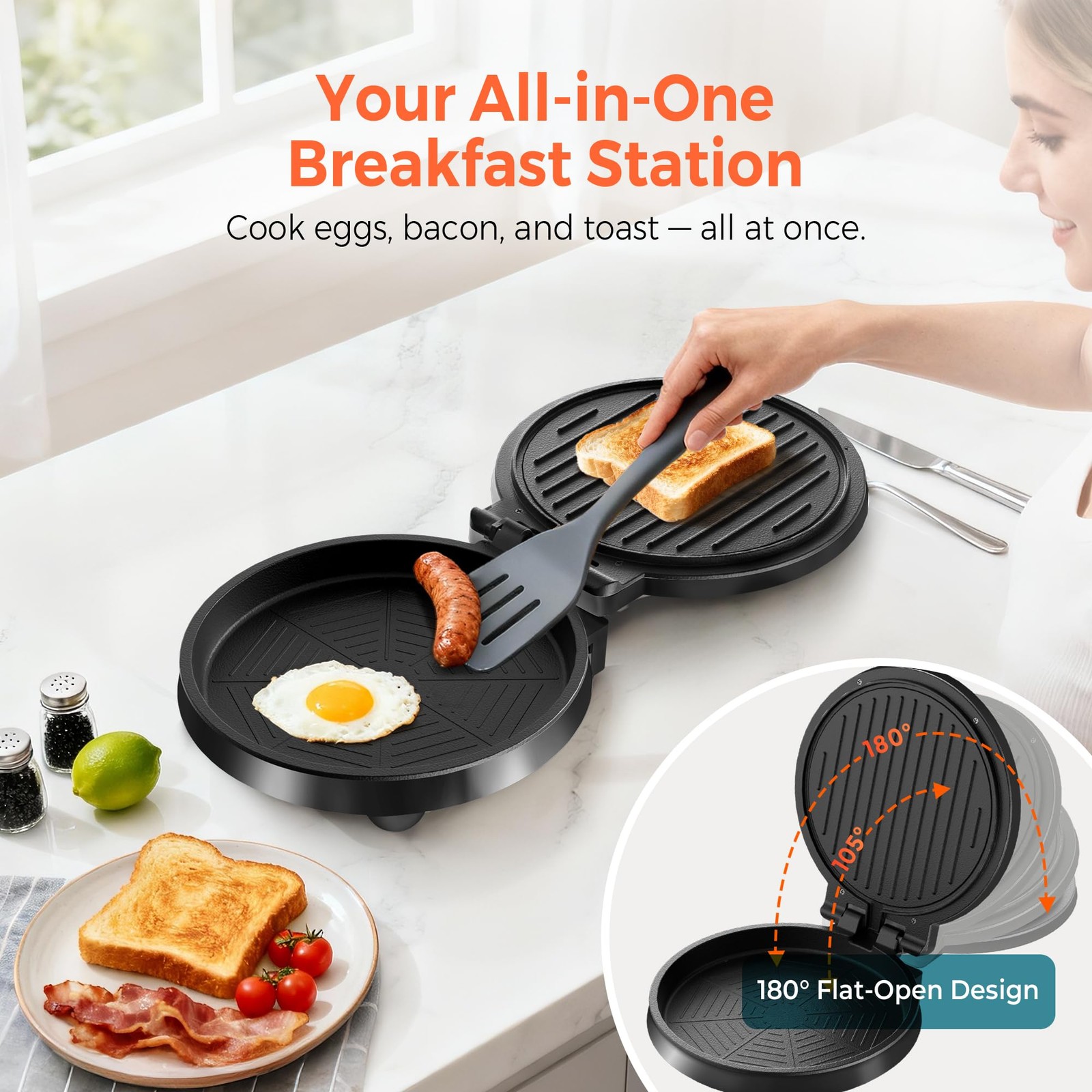 3 in 1 Electric Griddle Sandwich Maker 8 Inch Panini Press 180 Open Black