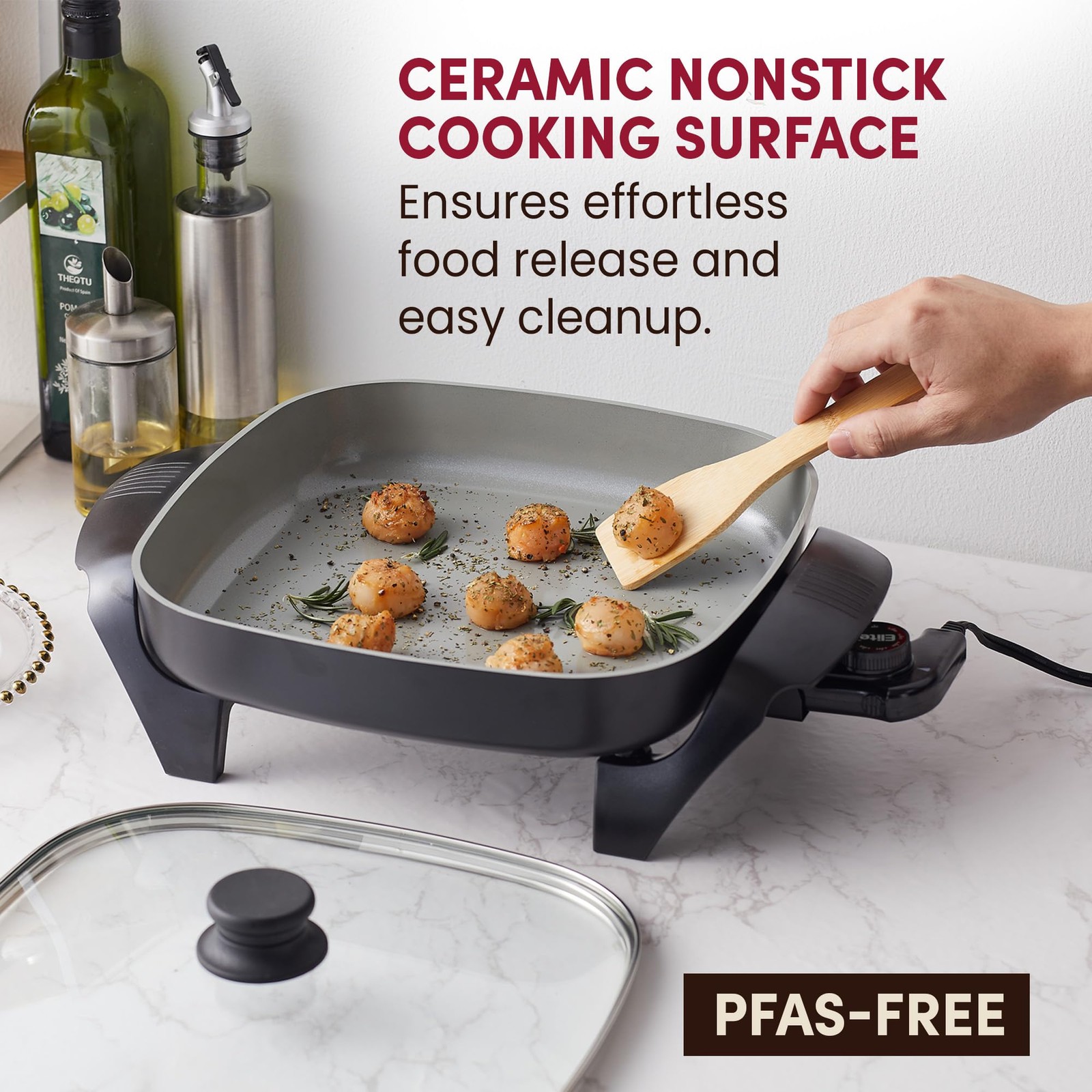 Elite Gourmet Ceramic Electric Skillet, PFAS Free, Dark Grey, 12″ – 1200W