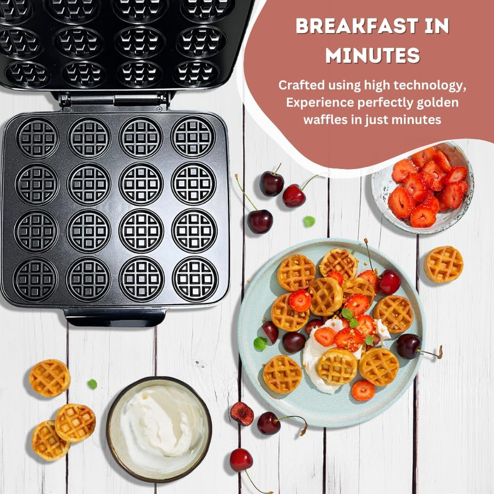 Mini Waffle Maker Machine 16 Hole Nonstick Compact Quick Heat Up Small Bites for