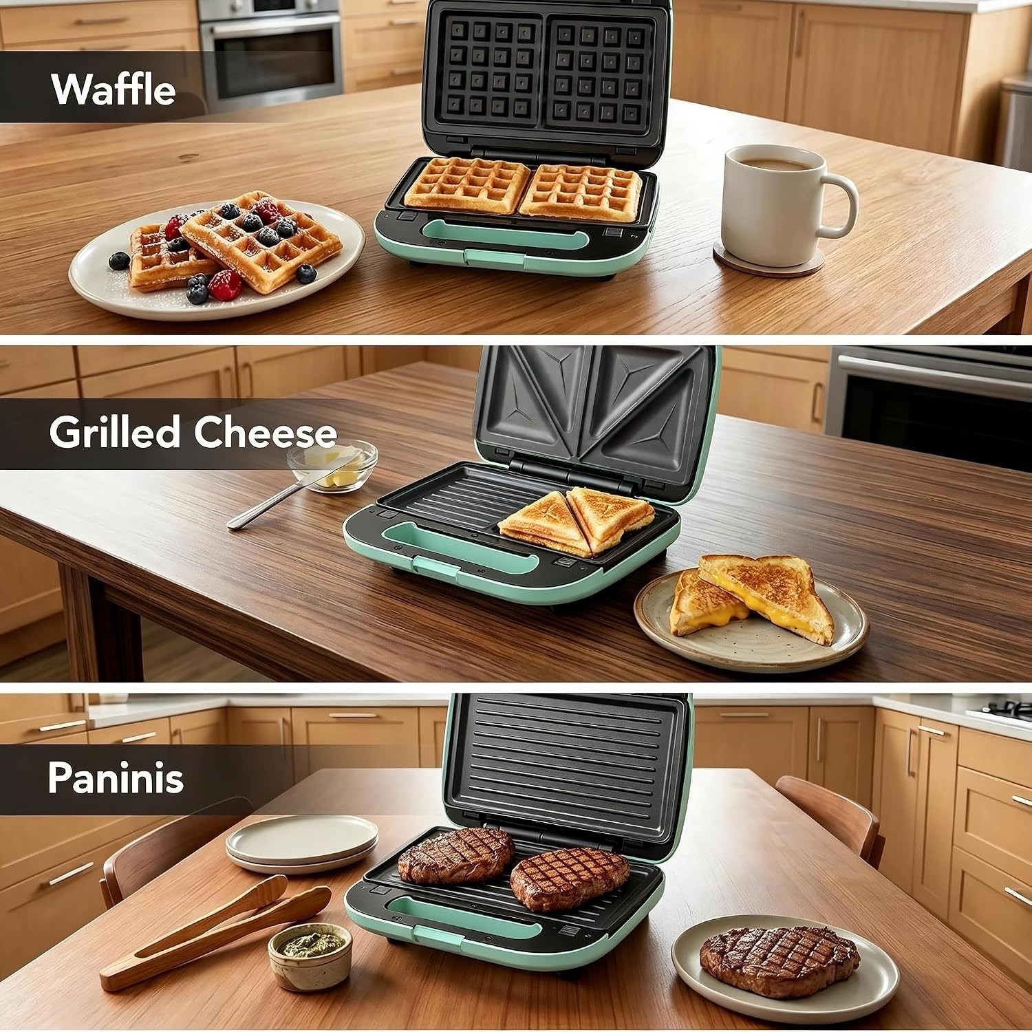 3-in-1 Sandwich Maker, Waffle Maker and Panini Press Grill, Aqua