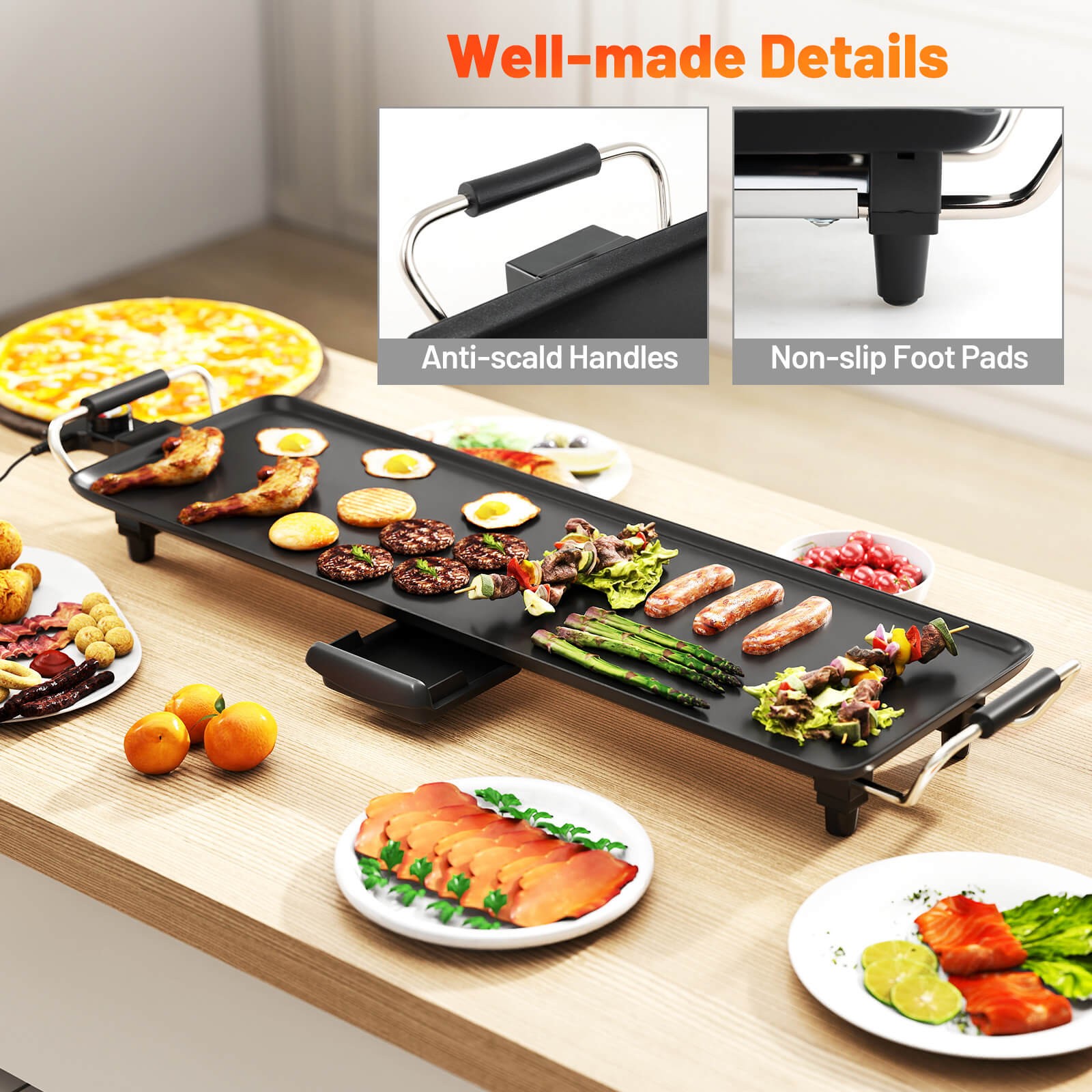 27″ Large Electric Griddle with Adjustable Temperature Thermostats and Drip Tray