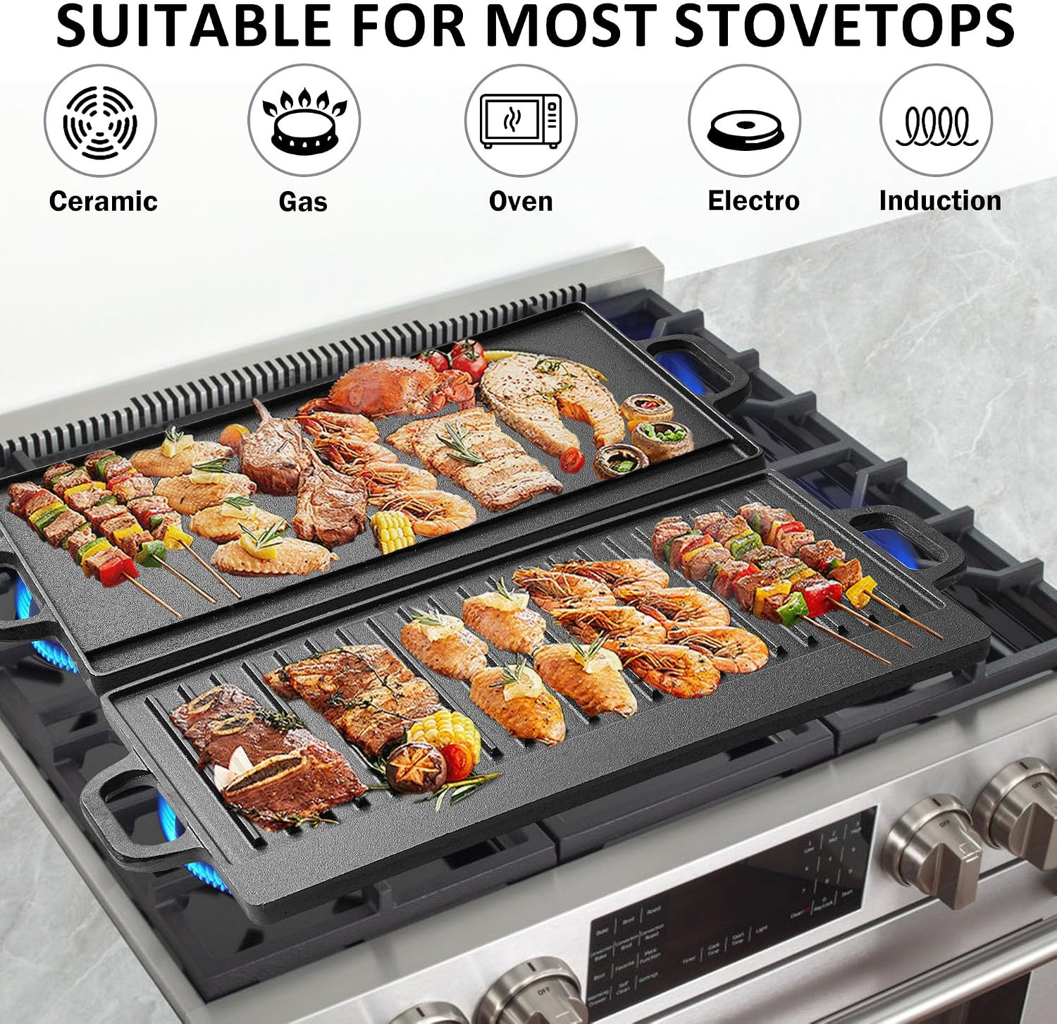 Cast Iron Griddle Skillet for Stove Top and Gas Grill – Flat Top Grill and Rever