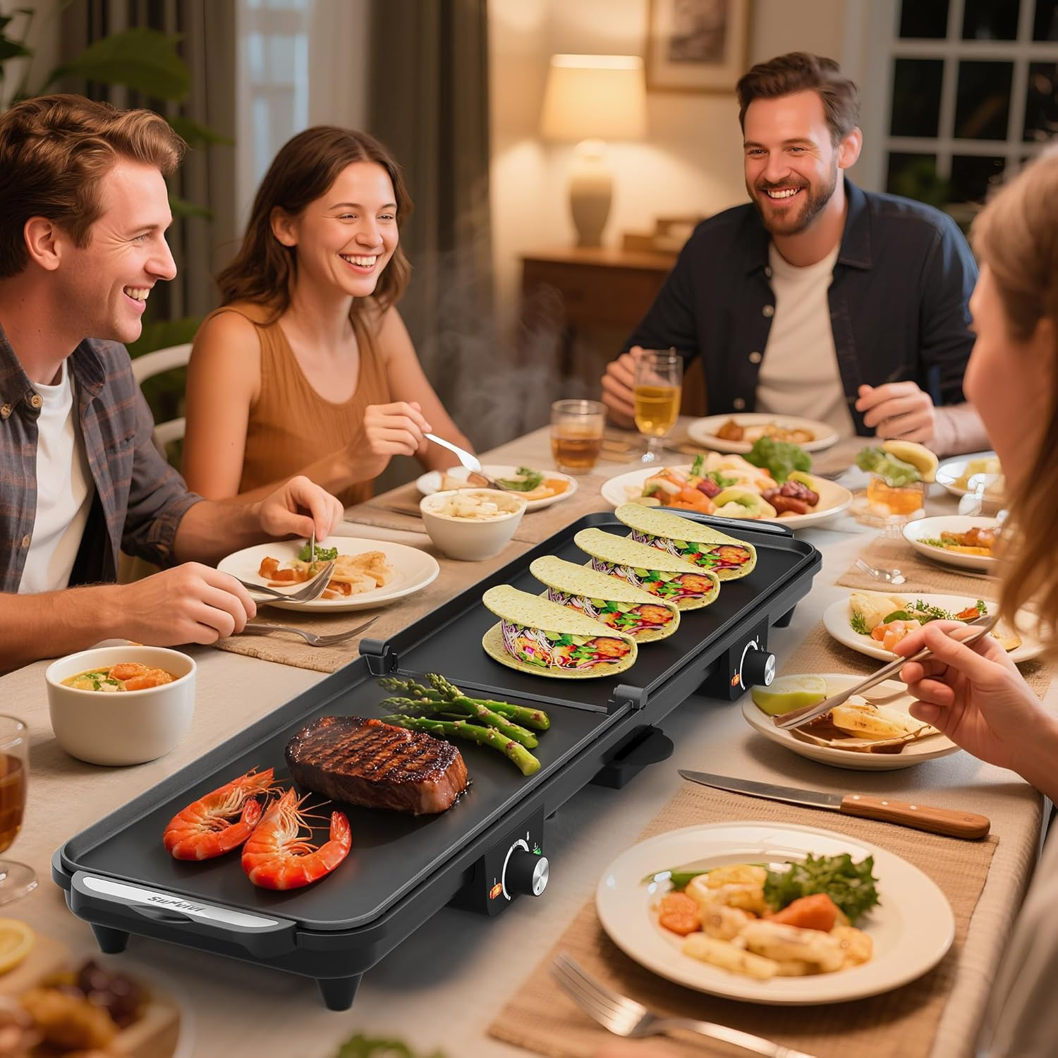 Large Electric Griddle 38” X 9”, 1600W Indoor Grill with 2 Adjustable Temp Kno