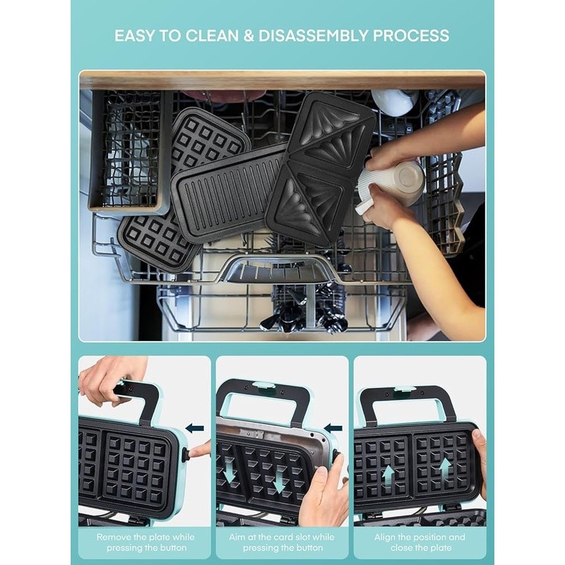 1200W 3 in 1 Breakfast Sandwich Maker W/ Removable Plates Non Stick Easy Clean