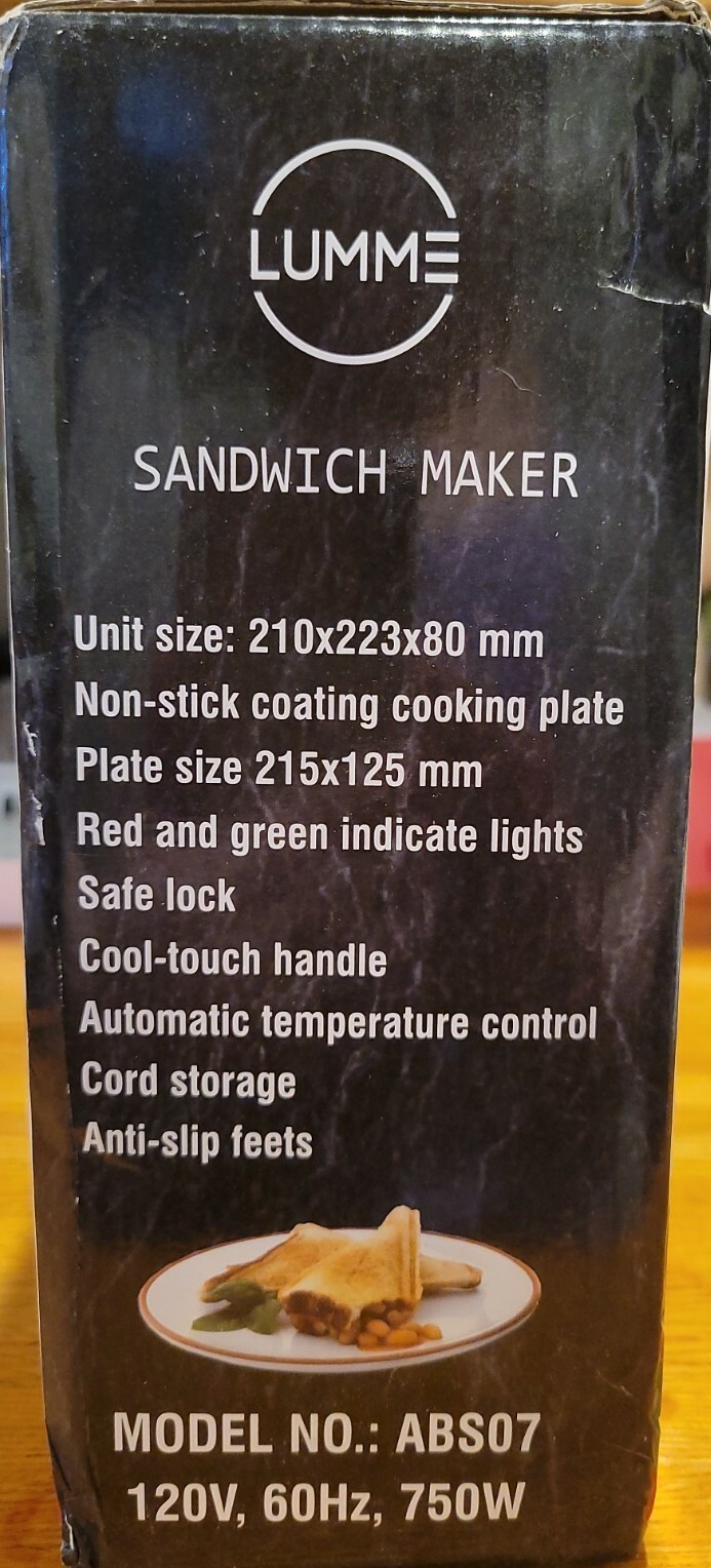 LUMME Sandwich Maker Non-Stick Surface, Black Safe Lock Cool Touch Handle