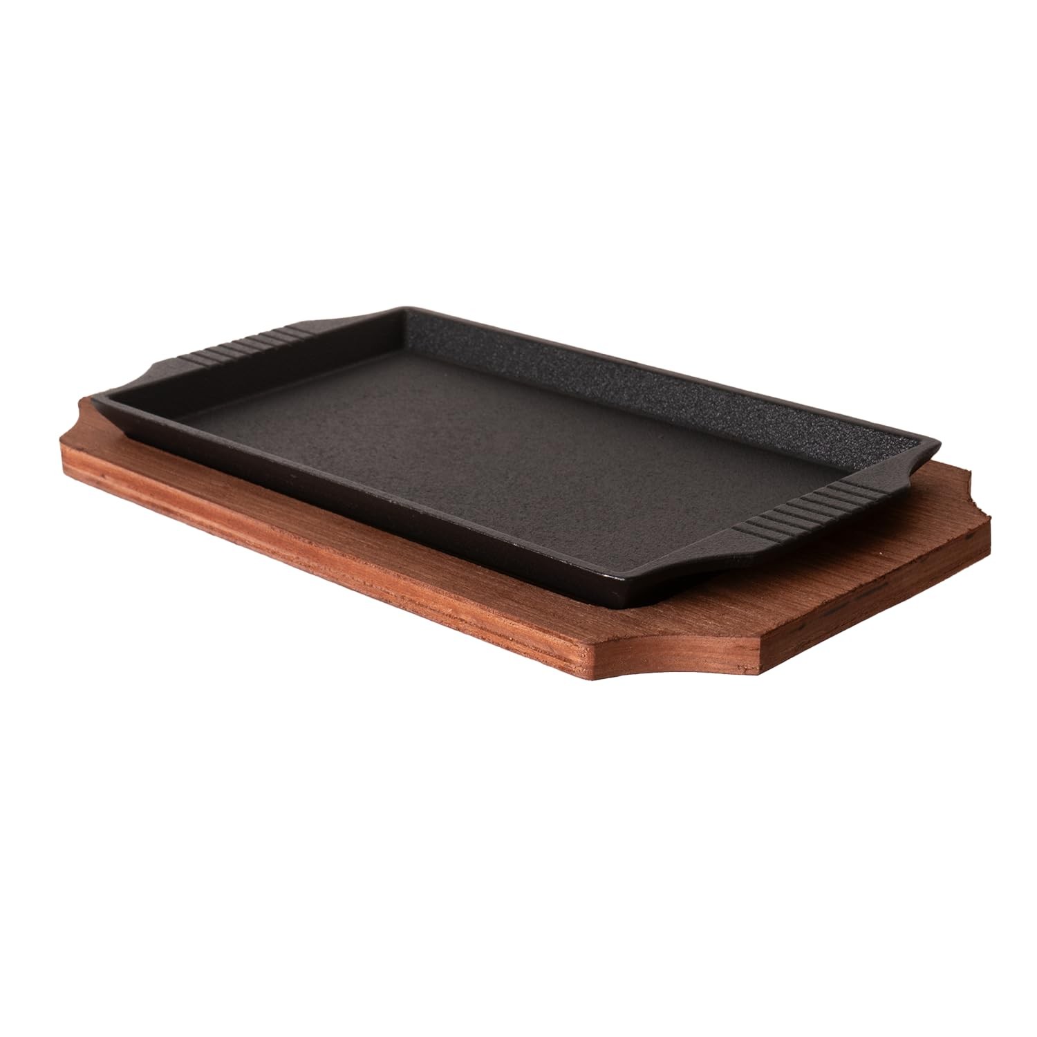 Cast Iron Steak Plate Sizzle Griddle Wooden Base Rectangular Pan 10 Inch