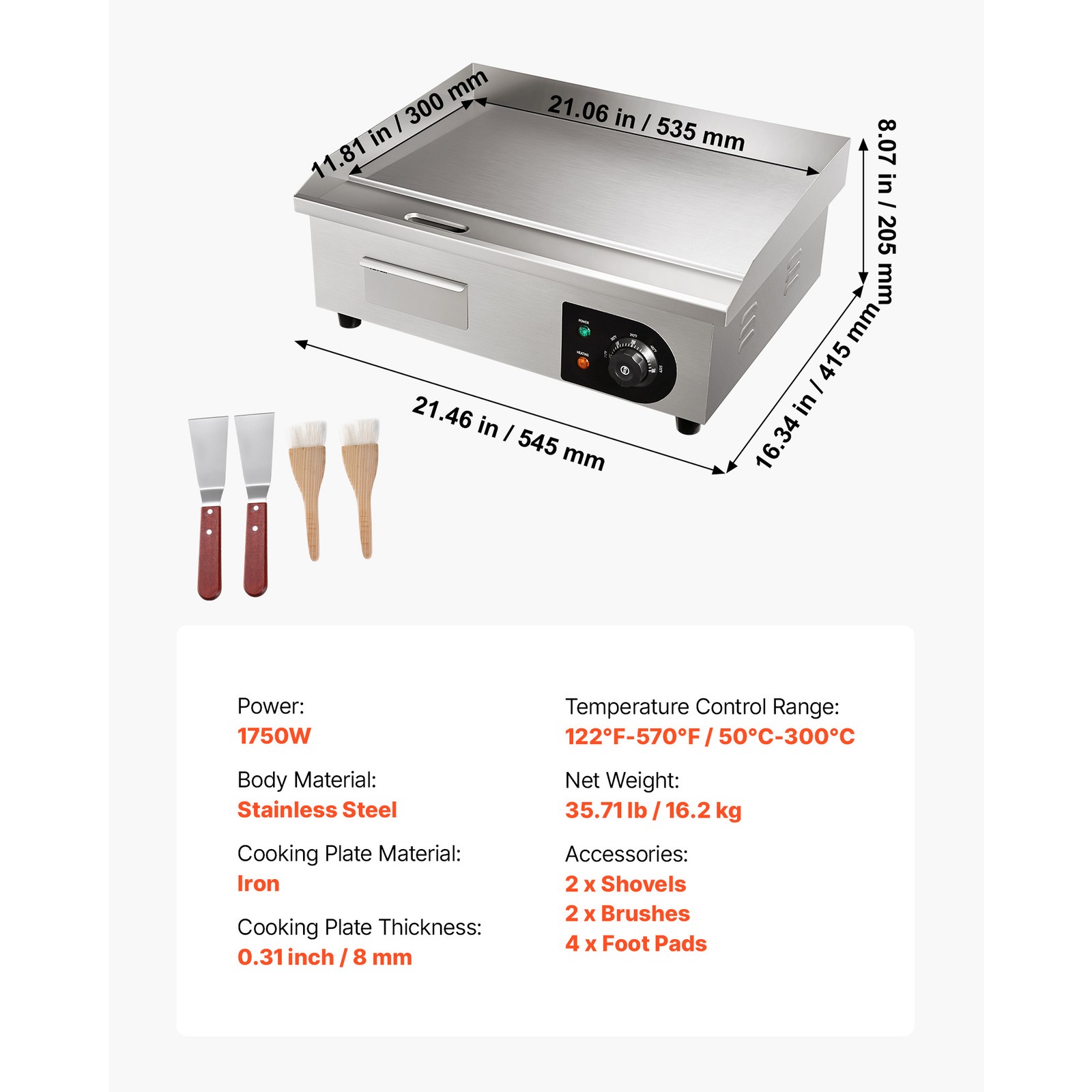 22″ Commercial Griddle Electric Countertop Griddle Flat Top Grill 110V 1750W