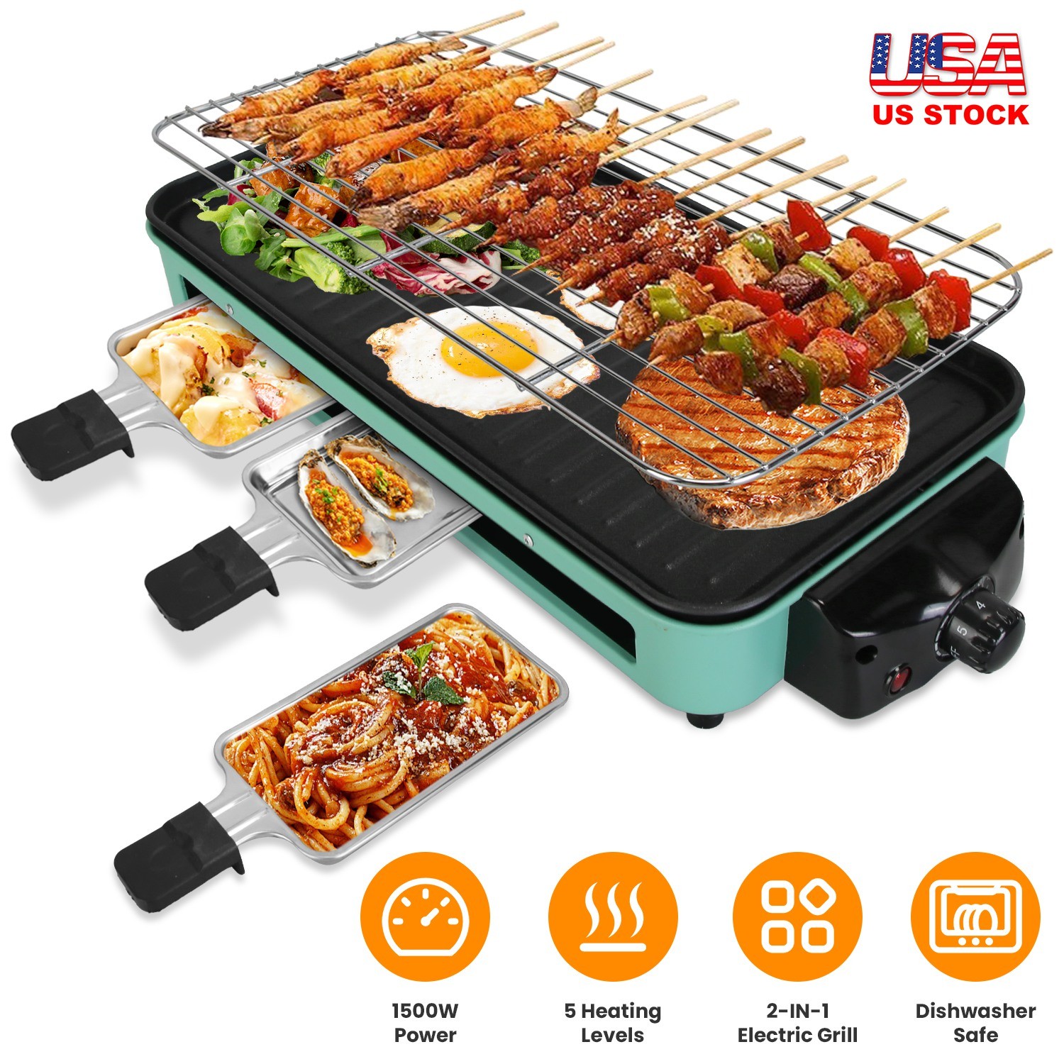2 in 1 Electric Indoor Grill Electric BBQ Grill Portable Barbecue Cooking Plate