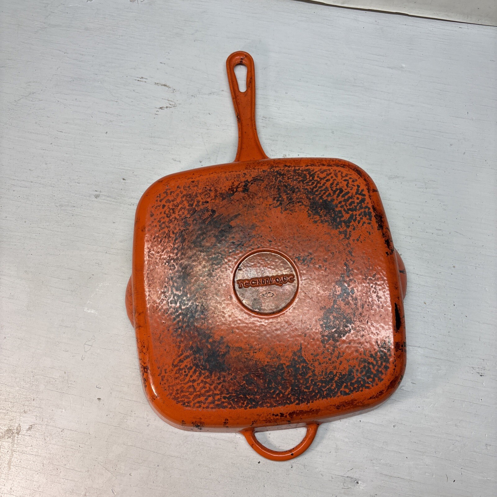 TECHNIQUE 10″ SQUARE CAST IRON ENAMEL BACON GRILL FRY PAN GRIDDLE SKILLET ORANGE