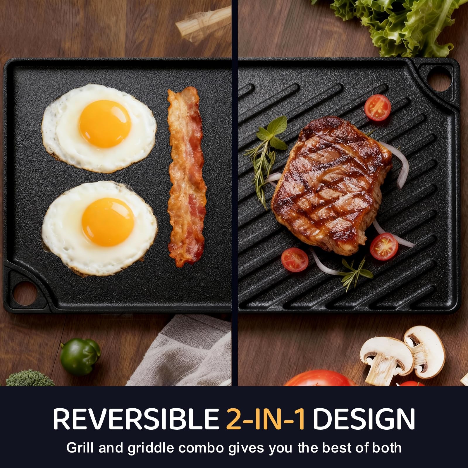 16.7×9.5 Inch Reversible Grill Griddle PreSeasoned Cast Iron Pan Cookware