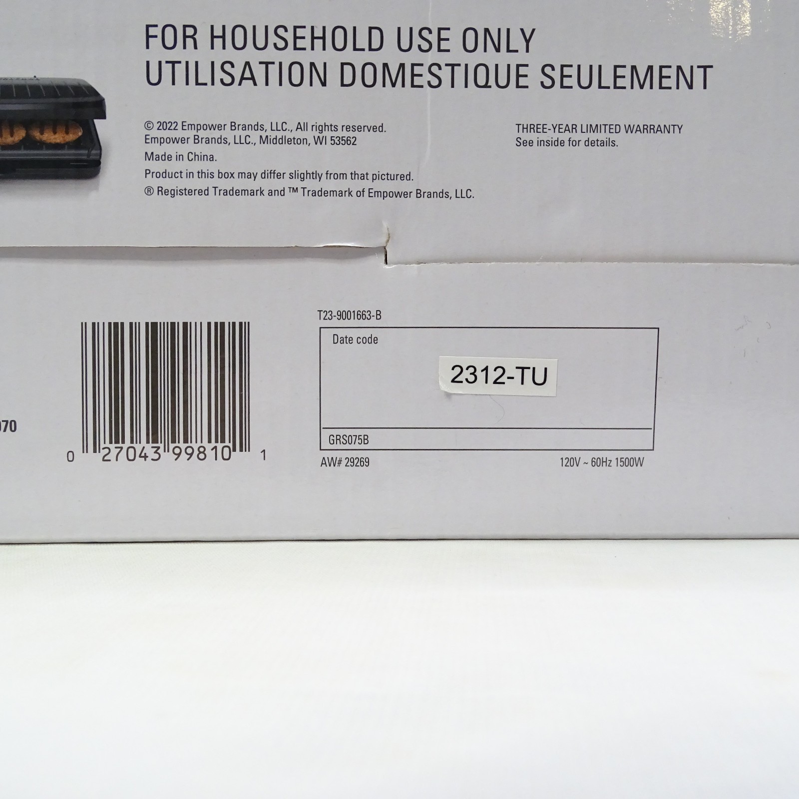George Foreman Family Size Grill & Panini GRS075B, 75 sq in – New, Open Box