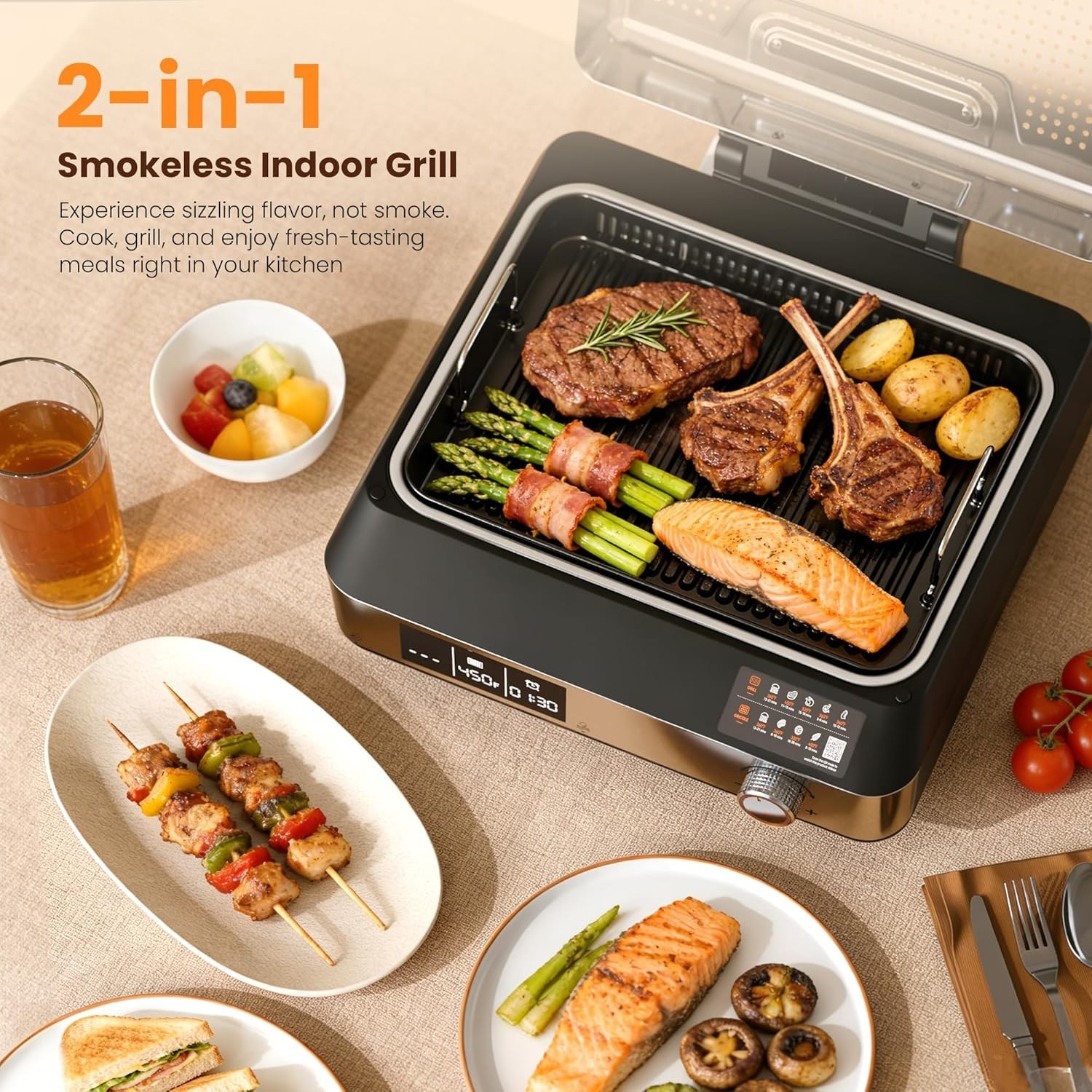2-in-1 Indoor Grill Griddle Smokeless Electric Temp Probe Black – NIB