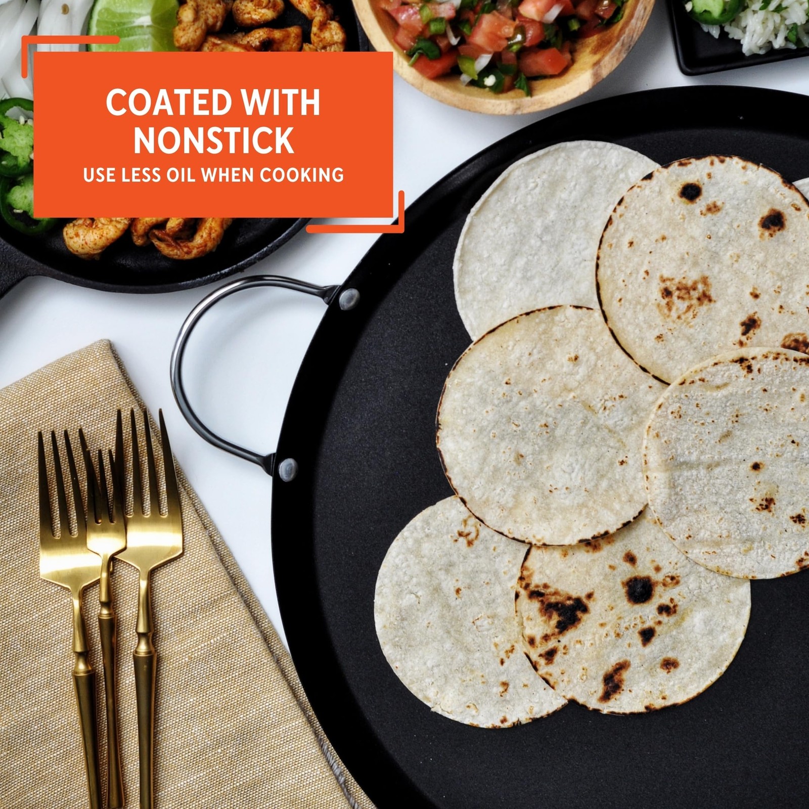 13.5in Carbon Steel Nonstick Round Comal with Metal Handles, Black