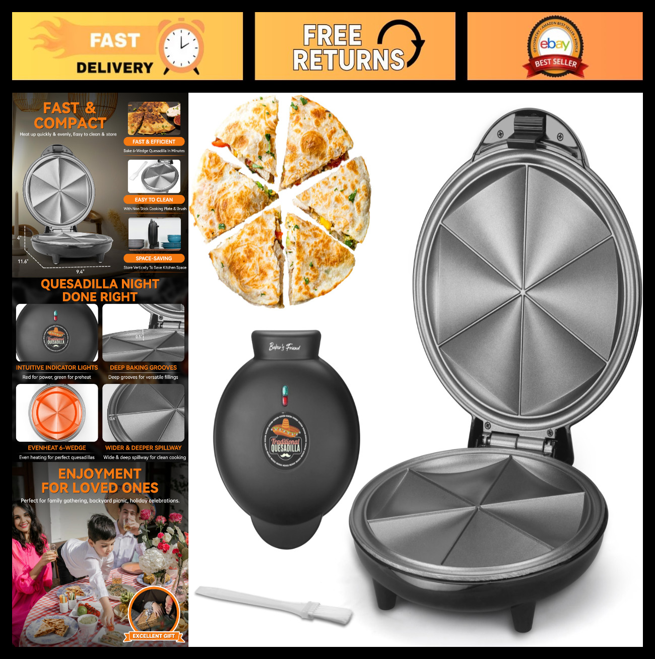 Electric Quesadilla Maker 9.5″ Non-Stick, Easy Slice 6 Wedge, Grilled Cheese Mac