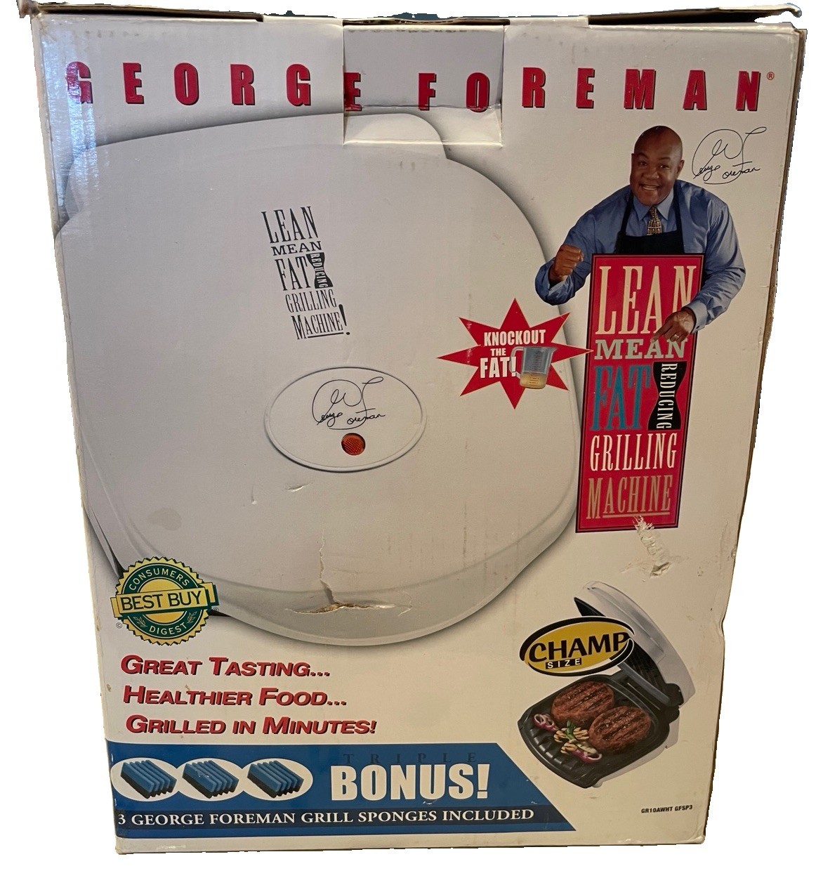 George Foreman Champ Size Grill Lean Mean Fat Grilling Machine GR10A White New